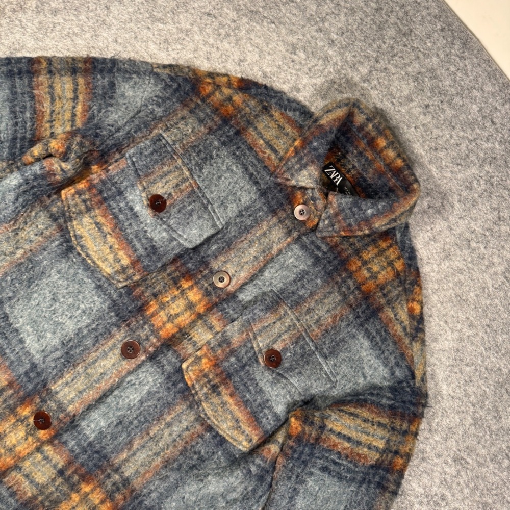 Zara Womens Blue Orange Plaid Longline Shacket Wool Blend Coat Small